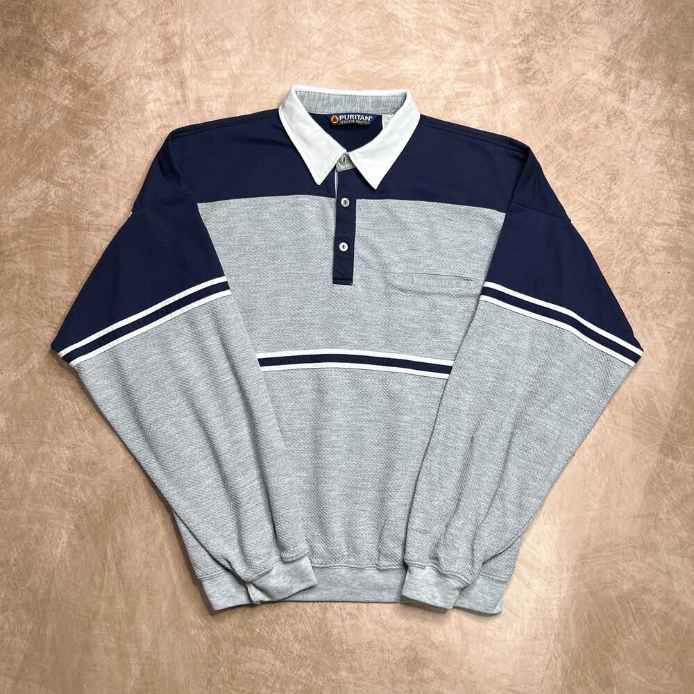 Vintage 90s Puritan Striped Rugby Sweatshirt Color Block Long Sleeve Gray Navy
